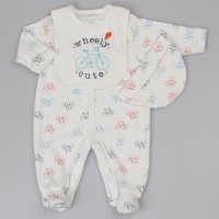 WF1671: Baby Boys Wheely Cute 3 Piece All In One, Bib & Hat Set (0-9 Months)